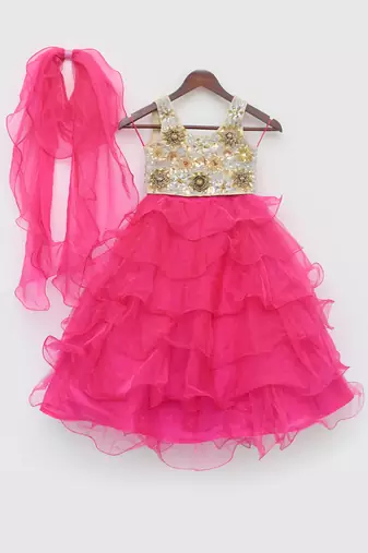 3D Flowers Choli and Pink Organza Layers Lehenga