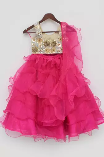 3D Flowers Choli and Pink Organza Layers Lehenga