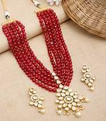 Long Maroon Kundan Neckpiece with Kundan Earrings
