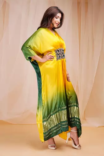 4D DYEING OF BRIGHT YELLOW AND GOLF GRRENKAFTAAN