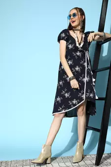 Blue printed cotton long-dresses