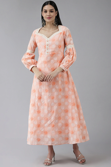 Peach printed blended cotton long-dresses