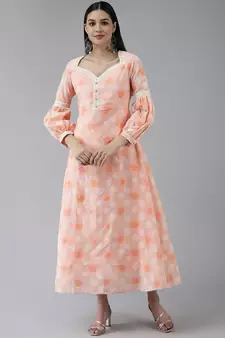 Peach printed blended cotton long-dresses