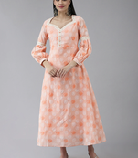Peach printed blended cotton long-dresses