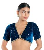 Salwar Studio Women's Cobalt Blue Velvet Readymade Saree Blouse