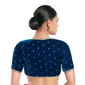Salwar Studio Women's Cobalt Blue Velvet Readymade Saree Blouse 2