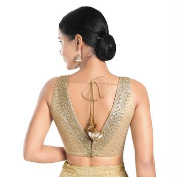 Salwar Studio Women's Gold Jain Silk Readymade Saree Blouse 2