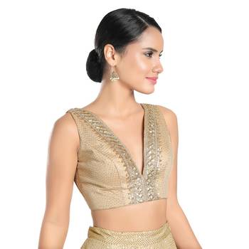 Salwar Studio Women's Gold Jain Silk Readymade Saree Blouse 3