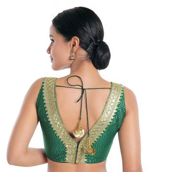 Salwar Studio Women's Green Jain Silk Readymade Saree Blouse 2