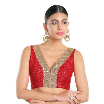 Salwar Studio Women's Red Jain Silk Readymade Saree Blouse 1