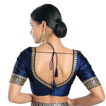 Salwar Studio Women's Navy Blue Mulberry Readymade Saree Blouse 2
