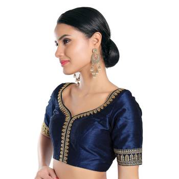 Salwar Studio Women's Navy Blue Mulberry Readymade Saree Blouse 3