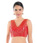 Salwar Studio Women's Red Brocade Readymade Saree Blouse
