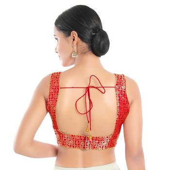 Salwar Studio Women's Red Brocade Readymade Saree Blouse 2