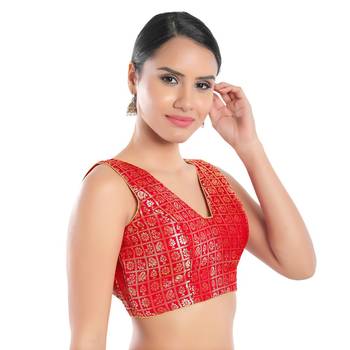 Salwar Studio Women's Red Brocade Readymade Saree Blouse 3