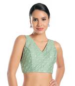 Salwar Studio Women's Pista Green Jain Silk Readymade Saree Blouse
