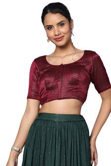 Salwar Studio Women's Maroon Silk Blend Readymade Saree Blouse