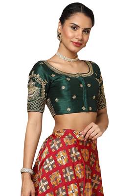 Salwar Studio Women's Green Silk Blend Readymade Saree Blouse 3