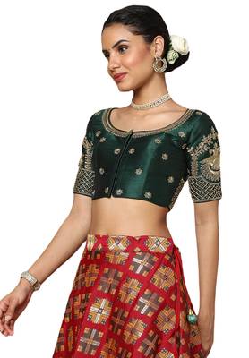 Salwar Studio Women's Green Silk Blend Readymade Saree Blouse 4