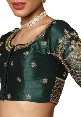 Salwar Studio Women's Green Silk Blend Readymade Saree Blouse 5