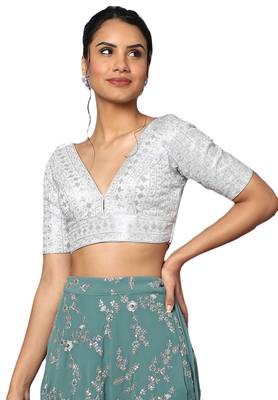 Om Clothing Silver Silk Blend Thread Embroidered Readymade Blouse 3