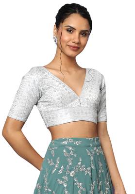 Om Clothing Silver Silk Blend Thread Embroidered Readymade Blouse 4