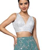 Grey Silk Threadwork Readymade Saree Blouse