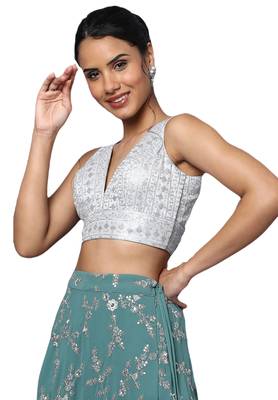 Grey Silk Threadwork Readymade Saree Blouse 3
