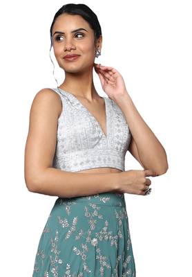 Grey Silk Threadwork Readymade Saree Blouse 4