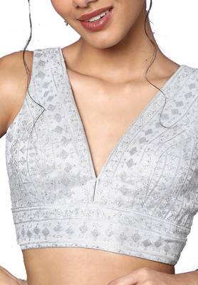Grey Silk Threadwork Readymade Saree Blouse 5