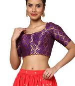Salwar Studio Women's Brinjal Brocade Readymade Saree Blouse