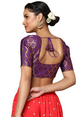 Salwar Studio Women's Brinjal Brocade Readymade Saree Blouse 2