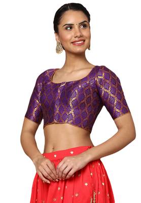 Salwar Studio Women's Brinjal Brocade Readymade Saree Blouse 3