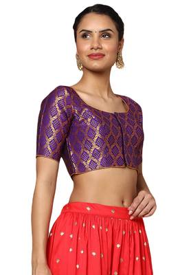 Salwar Studio Women's Brinjal Brocade Readymade Saree Blouse 4