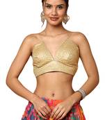 Gold Silk Embroidered Sleeveless V-Neck Blouse for Women
