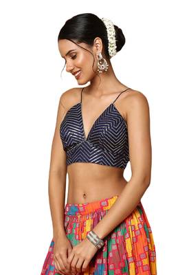Salwar Studio Women's Navy Blue Silk Blend Readymade Saree Blouse 3