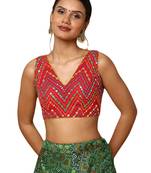 Salwar Studio Women's Red Silk Blend Readymade Saree Blouse