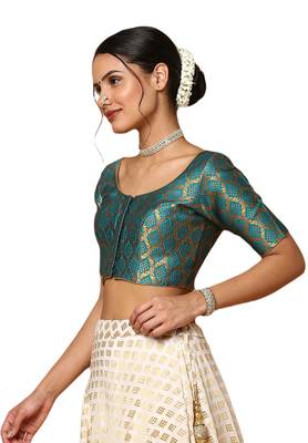 Salwar Studio Women's Rama Green Silk Blend Readymade Saree Blouse 3