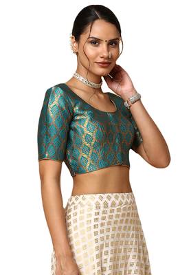 Salwar Studio Women's Rama Green Silk Blend Readymade Saree Blouse 4