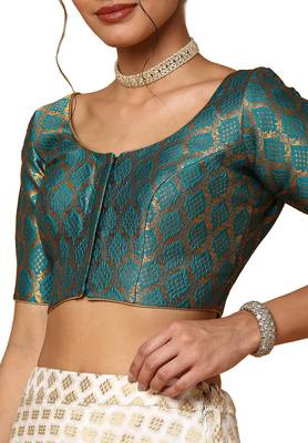 Salwar Studio Women's Rama Green Silk Blend Readymade Saree Blouse 5
