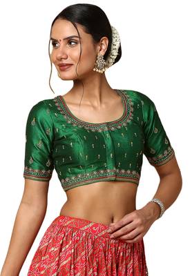 Salwar Studio Women's Green Silk Blend Readymade Saree Blouse 4