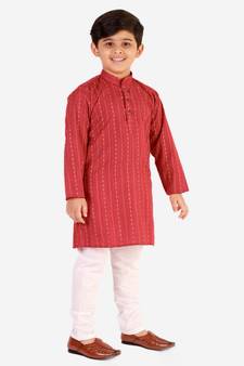 Red Stripes SIlk Jacquard Kurta Pajama Set // Traditional Wear