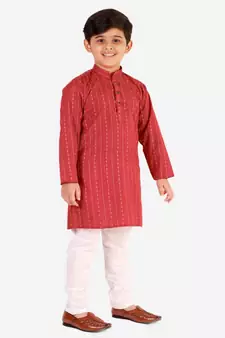 Red Stripes SIlk Jacquard Kurta Pajama Set // Traditional Wear