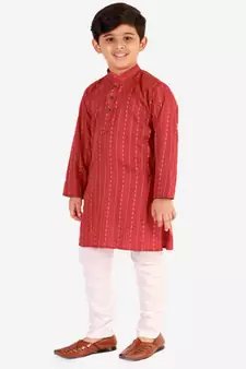 Red Stripes SIlk Jacquard Kurta Pajama Set // Traditional Wear