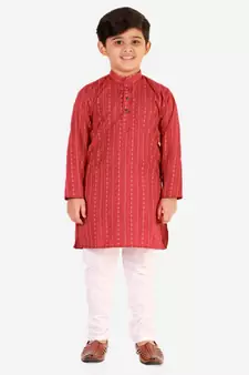 Red Stripes SIlk Jacquard Kurta Pajama Set // Traditional Wear