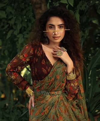 Bageecha Sage Green Ruffle Saree 2