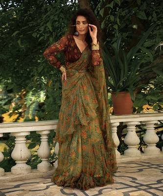 Bageecha Sage Green Ruffle Saree 3
