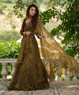 Bageecha Sage Green Ruffle Saree 4