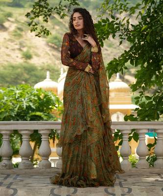Bageecha Sage Green Ruffle Saree 5