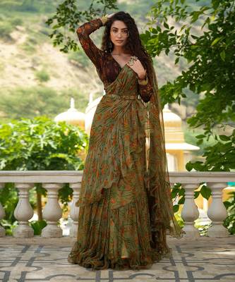 Bageecha Sage Green Ruffle Saree 1